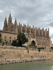 The majestic Gothic Cathedral of Santa Maria of Palma (La Seu) in Palma de Mallorca viewed from the Parc de la Mar waterfront under an overcast sky. Part of the facade is covered in scaffolding.