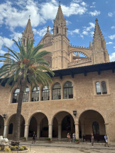 A courtyard view of the majestic Gothic architecture of the Palma de Mallorca Cathedral (La Seu) and a portion of the Royal Palace of La Almudaina